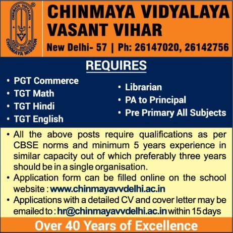 Teachers job in CHINMAYA VIDYALAYA VASANT VIHAR ,  New Delhi