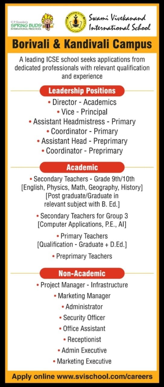 Career Opportunities at Swami Vivekanand International School, Borivali & Kandivali