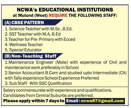 Job Openings at NCWA’s Educational Institutions, Mulund West