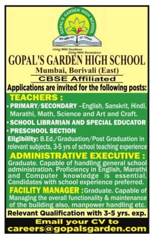 Job Openings at Gopal’s Garden High School, Borivali East