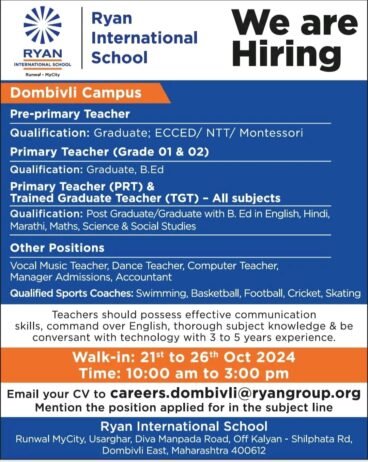 Teacher Job in Ryan International School, Thane, Maharashtra