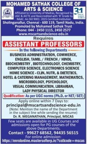 Teachers job in MOHAMED SATHAK COLLEGE OF ARTS & SCIENCE , Tamil Nadu