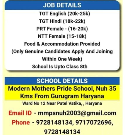 Teachers Job in Modern Mothers Pride School Nuh Mewat Haryana