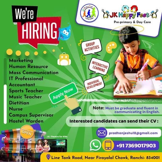 Teachers job in JK Happy Feet Pre-Primary & Day Care, Jharkhand