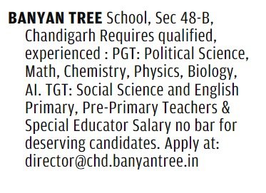 Teachers job in Banyan Tree School , Chandigarh