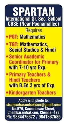 Teachers job in Spartan International School, Chembarambakkam ,Tamil Nadu