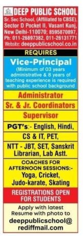 Teachers job in DEEP PUBLIC SCHOOL Sr. Sec School , New Delhi