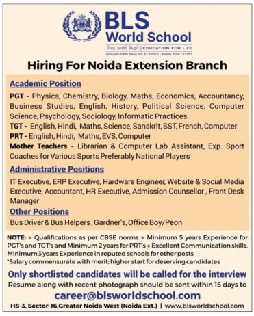 Teachers job in BLS World School , Ghaziabad, Uttar Pradesh