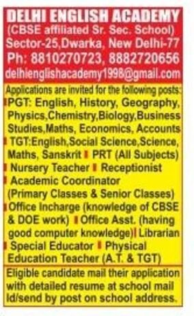 Teachers job in DELHI ENGLISH ACADEMY , Delhi