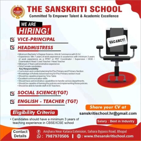 Teacher Job in The Sanskriti School, Bhopal, Madhya Pradesh