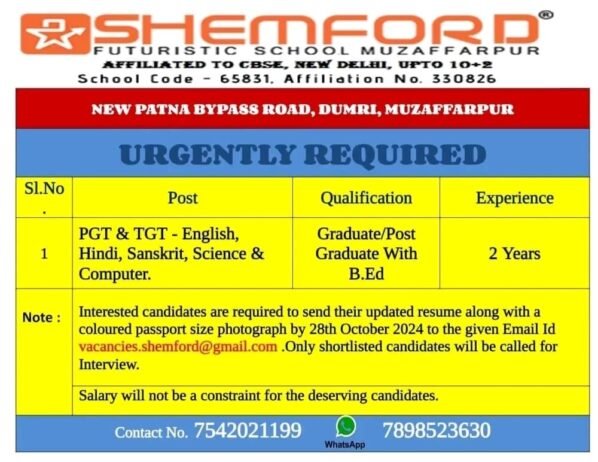 Join the Team at SHEMFORD® Futuristic School, Muzaffarpur