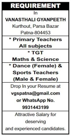 Opening Job for Teachers at VANASTHALI GYANPEETH in Patna