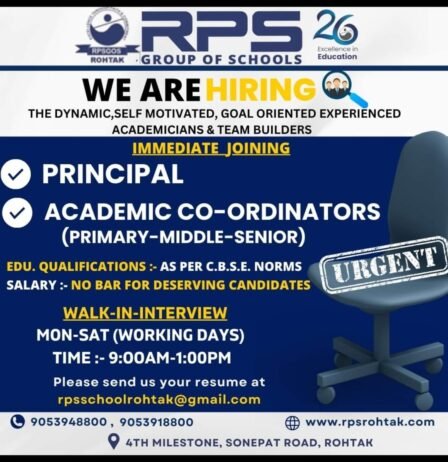 Opening Job for Teachers at RPS GROUP OF SCHOOLS in Rohtak,  Haryana