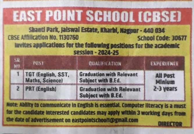 Teachers Jobs East Point School (CBSE),Nagpur, Maharashtra