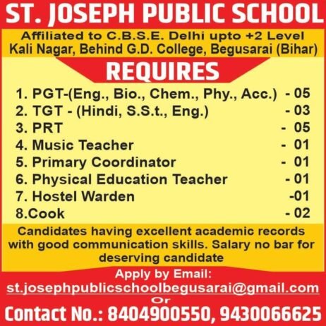 Opening Job for Teachers at ST. JOSEPH PUBLIC SCHOOL in Begusarai (Bihar