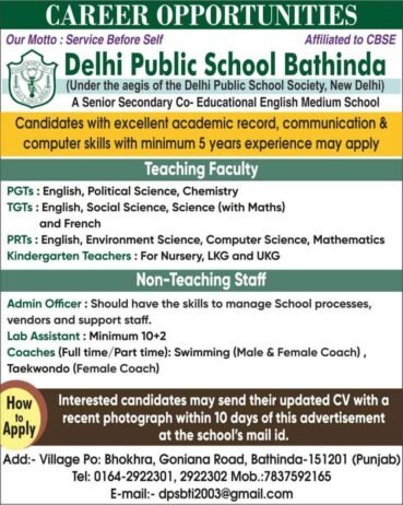 Teachers job in Delhi Public School Bathinda , Punjab