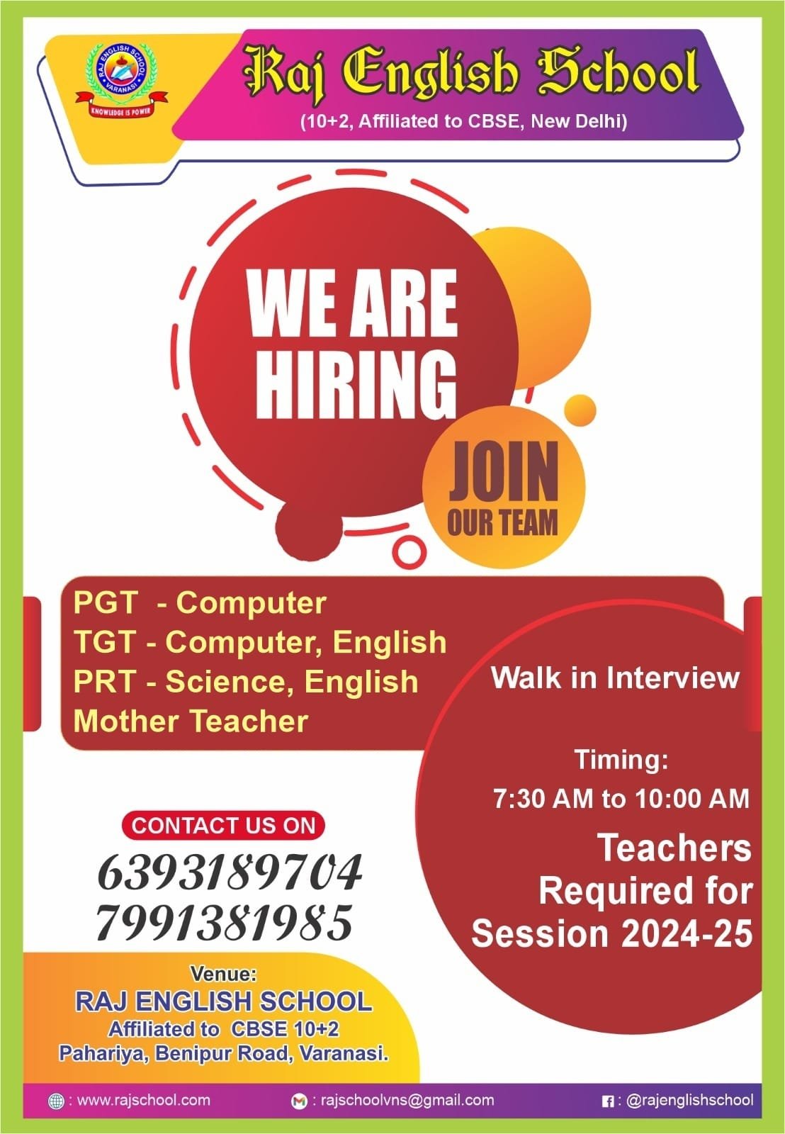 Teaching Opportunities at Raj English School, Varanasi ,U.P.