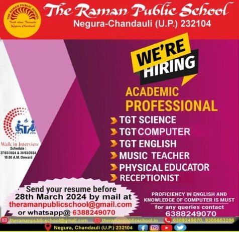 Exciting Career Opportunities at The Raman Public School, Negura, Chandauli U.P. !