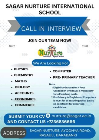 Teachers jobs! Join Our Team at Sagar Nurture International School, Barabanki , Uttar Pradesh!