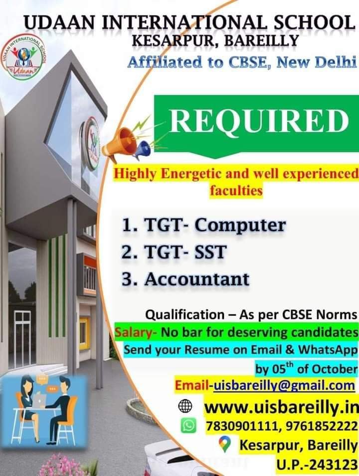 Teachers jobs in! Udaan International School – Kesarpur, Bareilly (Utter pradesh) !