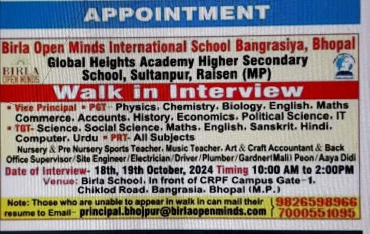 Teacher Job in Birla Open Minds International School, Bhopal, Madhya Pradesh