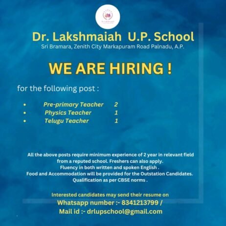 Teacher Job in Dr. Lakshmaiah U.P. School, Palnadu , Andhra Pradesh