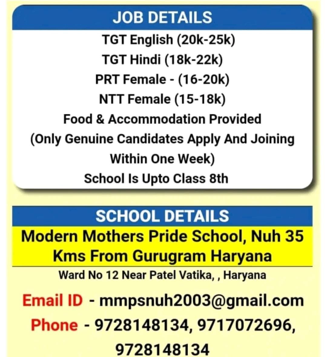 Job Opening in Modern Mothers Pride School, Gurugram, Haryana