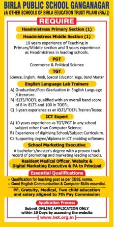 Teacher Job in Birla Public School, Ganganagar, Rajasthan