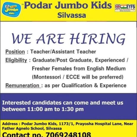 Teacher Job in Podar Jumbo Kids Silvassa, Dadra and Nagar Haveli