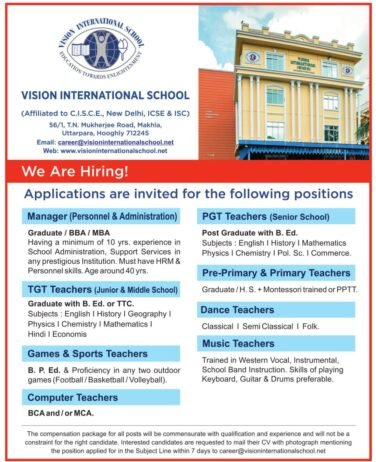 Teacher Job in Vision International School, Hooghly, West Bengal