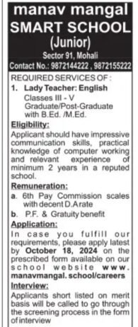 Teacher Job in Manav Mangal SMART SCHOOL (Junior),  Mohali, Punjab