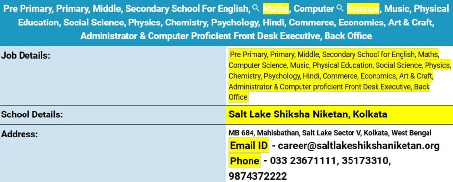 Teachers job in ! Saltlake Shiksha Niketan in Kolkata, West Bengal