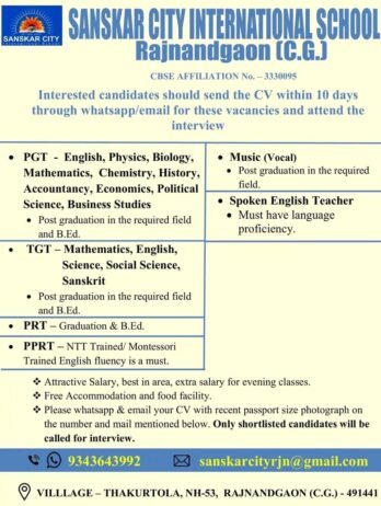 Teacher Job Vacancy At Sanskar City International School, Rajnandgaon, Chhattisgarh