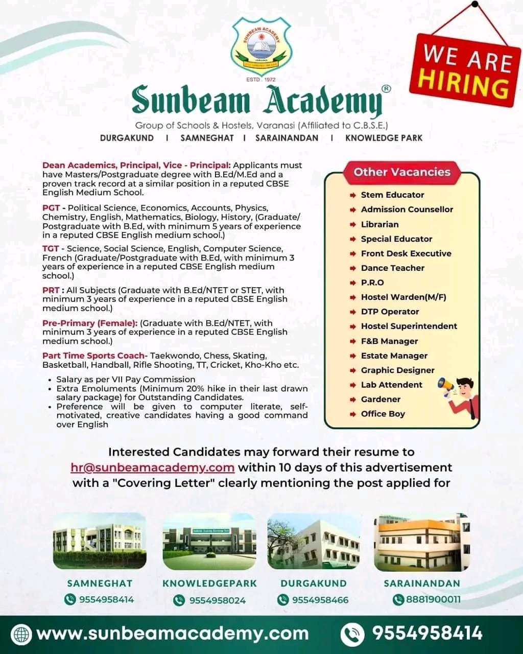 Teacher Job Vacancy At Sunbeam Academy, Varanasi