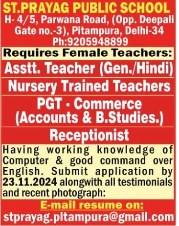 Job for Teachers at St. Prayag Public School in New Delhi, Delhi