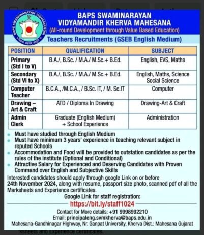 Opening Job for Teachers at BAPS SWAMINARAYAN VIDYAMANDIR in Mahesana, Gujarat