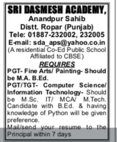 Teachers job in ! SRI DASMESH ACADEMY in Tarapur, Punjab