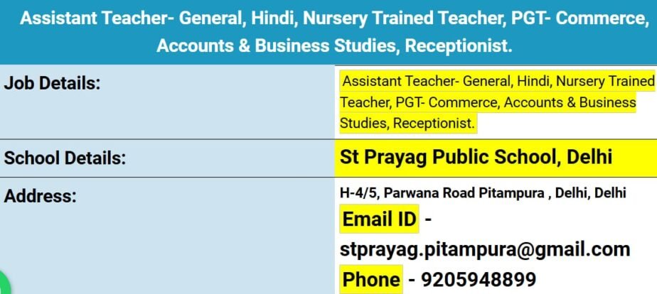 Opening Job for Teachers at St Prayag Public School in New Delhi, Delhi