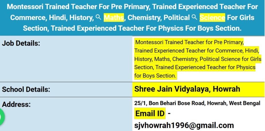 Opportunities at Shree Jain Vidyalaya, Howrah: Join a Prestigious Institution as a Montessori or Subject-Specialist Teacher