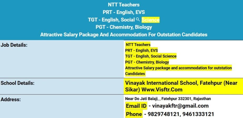 Job for Teachers at Vinayak International School in Fatehpur, Rajasthan