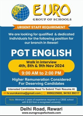 Opening Job for Teachers at EURO GROUP OF SCHOOLS in Rewari, Haryana