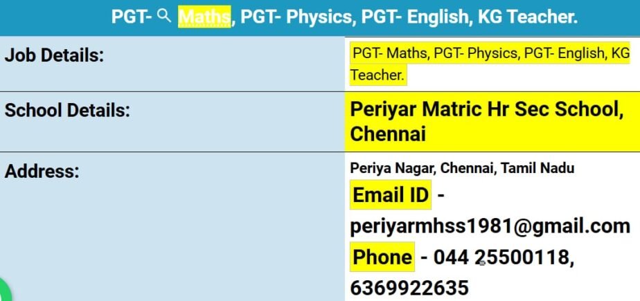 Opening Job for Teachers at Periyar Matric Hr Sec School in Chennai, Tamil Nadu