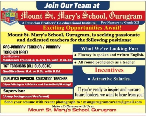 Job for Teachers at Mount St. Mary’s School in Gurugram, Haryana