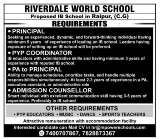 Job for Teachers at Riverdale World School in Raipur, Chhattisgarh