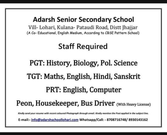 Job for Teachers at Adarsh Senior Secondary School in Jhajjar, Haryana