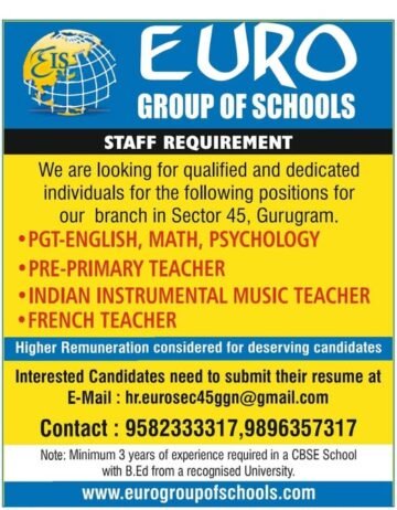 Teachers job in ! EURO GROUP OF SCHOOLS in Gurugram, Haryana