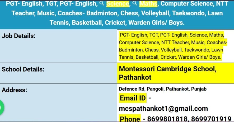 Job for Teachers at Montessori Cambridge School in Pangoli, Punjab