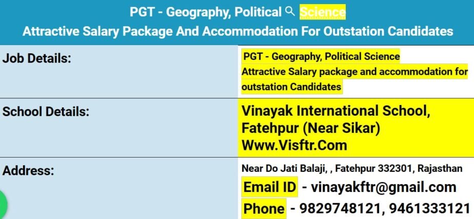 Opening Job for Teachers at Vinayak International School in Fatehpur, Rajasthan