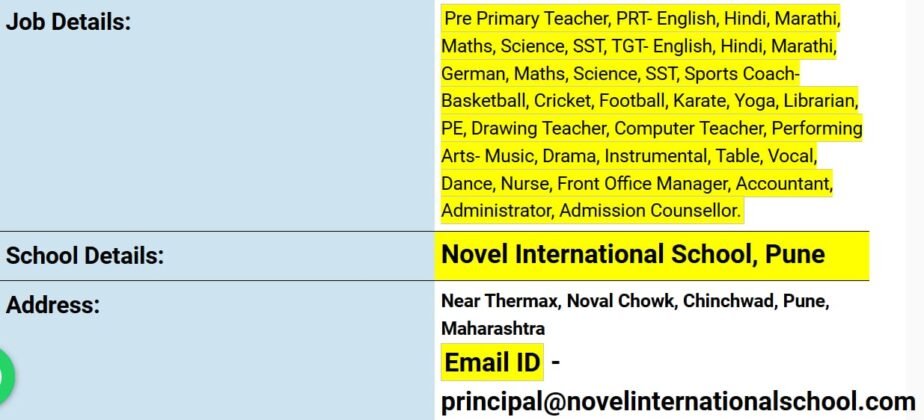 Teachers job in ! Novel International School in Chinchwad, Maharashtra