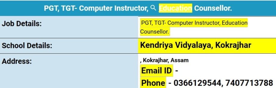 Teaching Opportunities at Kendriya Vidyalaya, Kokrajhar